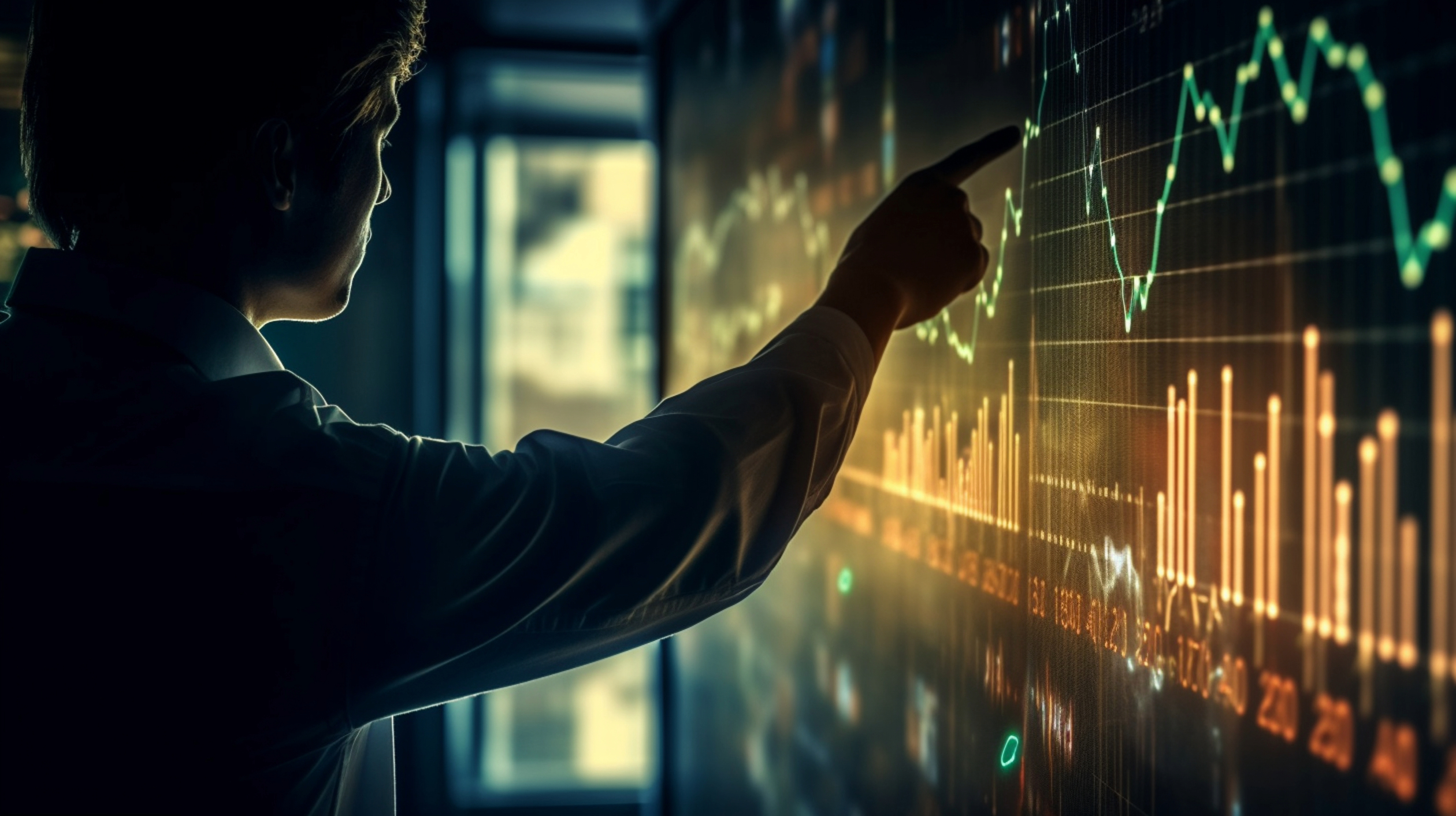 man pointing out rise in graph
