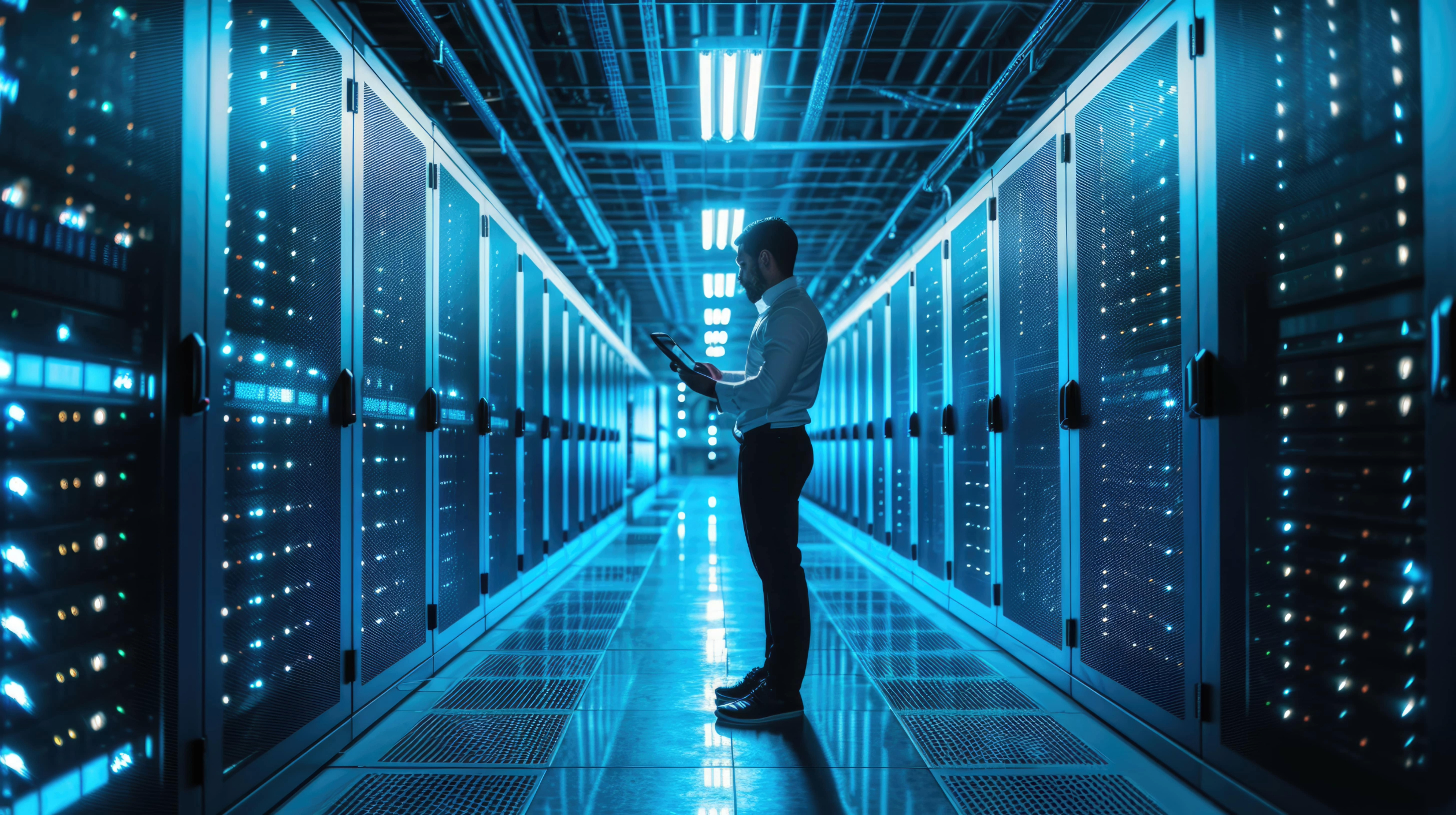 man looking on servers in server room